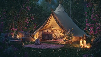 Romantic Glamping Setup in a Serene Natural Scene