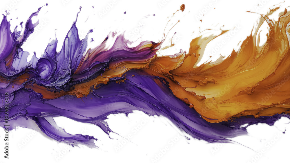 Poster a purple and orange line with a splash of color. the line is long and has a lot of detail. the color