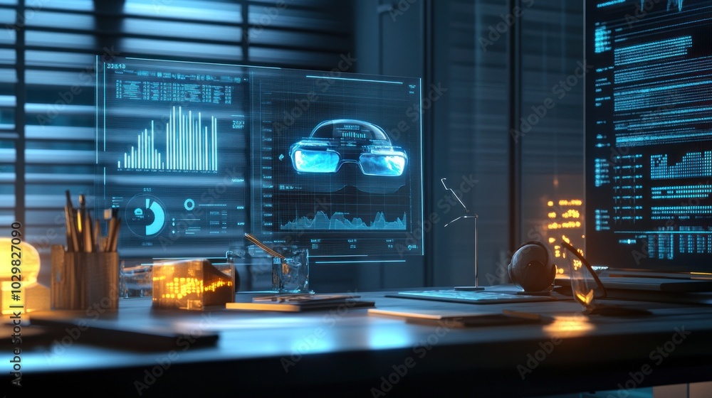 Aufkleber a modern office desk with a computer screen displaying futuristic technology, including a virtual re