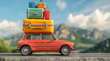 Naklejka premium Pile of colorful travel suitcases in the car to go on vacation