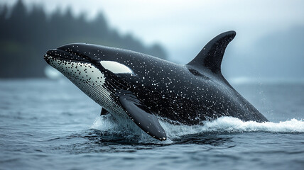 Fototapeta premium A killer whale swims near the shore.