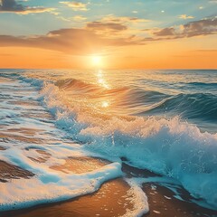 A golden sunset over the turquoise ocean, with waves crashing against the shore and white foam sparkling in the evening light