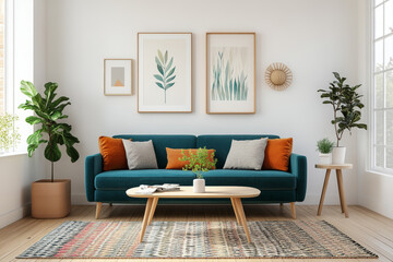 Obraz premium A modern living room featuring teal sofa adorned with orange cushions, complemented by stylish wall art and indoor plants. bright space exudes cozy and inviting atmosphere