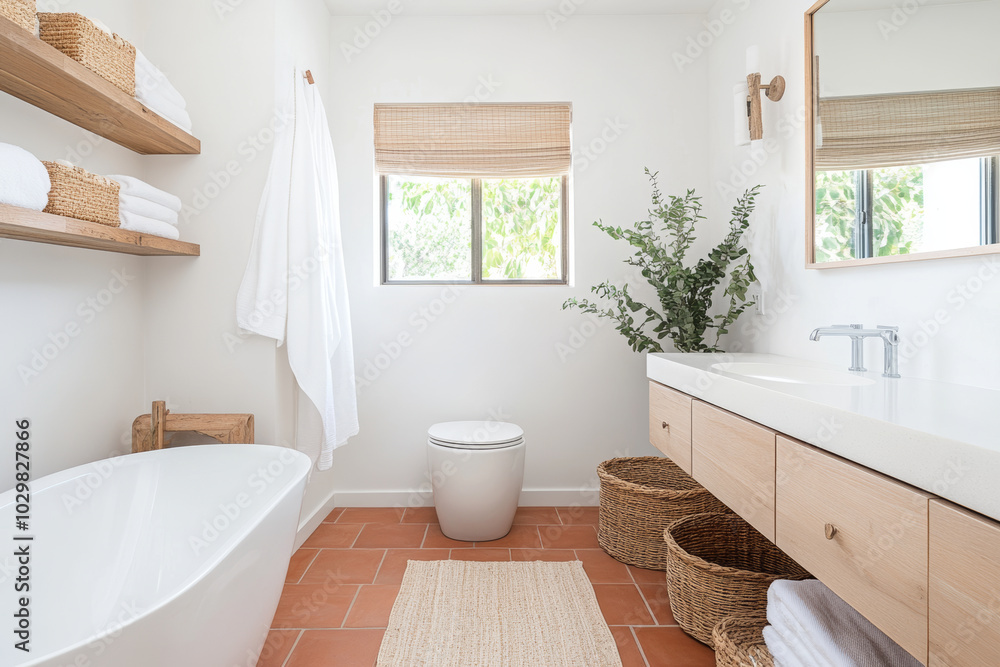 Poster A modern bathroom featuring freestanding bathtub, wooden shelves with neatly stacked towels, and minimalist design. natural light enhances serene atmosphere, making it perfect retreat