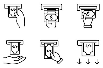 Cash withdrawal vector outline icon set design illustration on white background