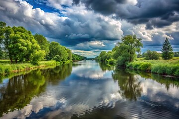 Obraz premium Scenic landscape of river with trees under a cloudy sky
