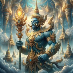 Fototapeta premium Celestial Guardian of the Golden Realm: A Hyper-Realistic, Ornately Armored Mythical Protector Standing Amidst Floating Temples and Divine Clouds, Holding a Radiant Staff with Intricate Details