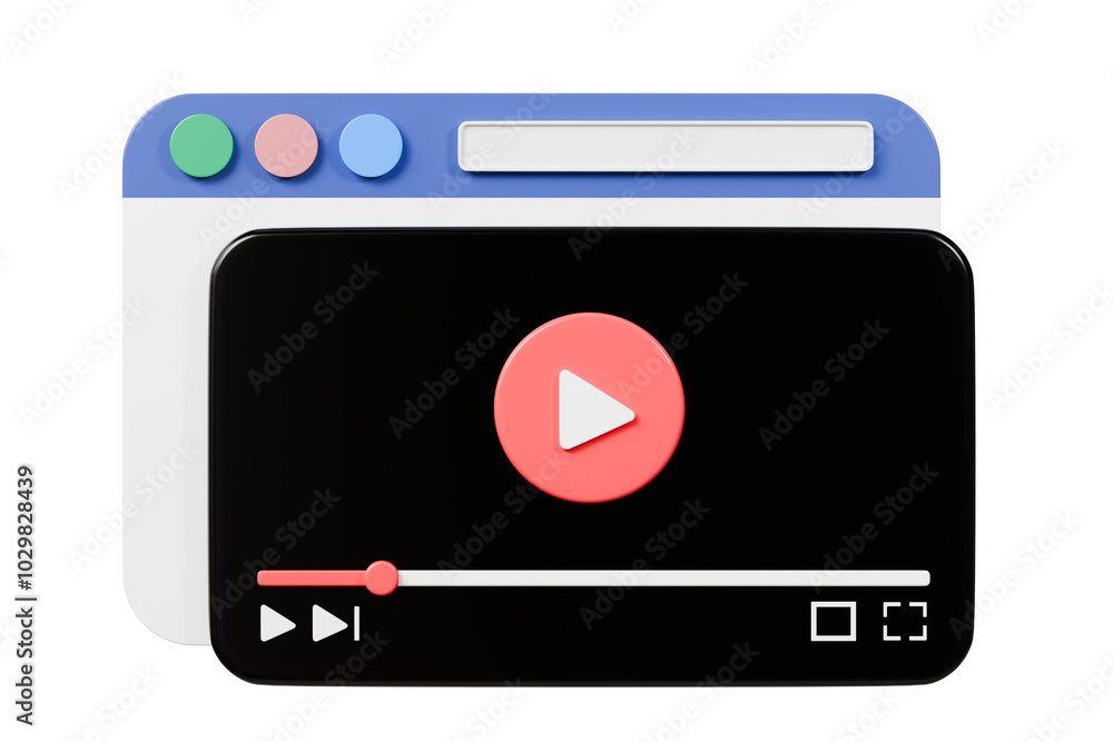 Poster 3d realistic playing videos website player browser icon isolated on white background. minimal red vi