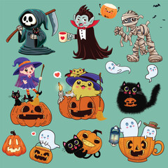 Vintage Halloween poster design with vector reaper, vampire, mummy, witch, ghost, cat character. 