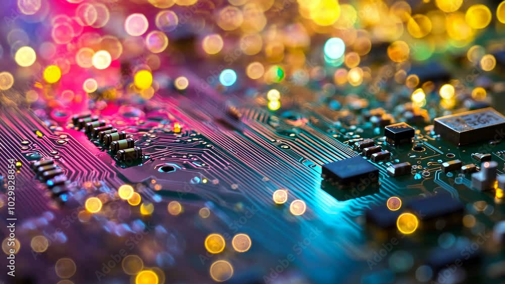 Aufkleber a close-up view of a circuit board, illuminated by colorful bokeh lights
