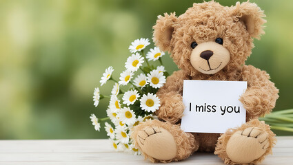 teddy bear with the message "I miss you" and flowers. I MISS YOU,  love, cute romance, couples card.,love background copy-space