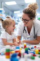 Caring doctor interacts joyfully with young girl in medical setting, surrounded by colorful toys and medical supplies, creating warm and friendly atmosphere