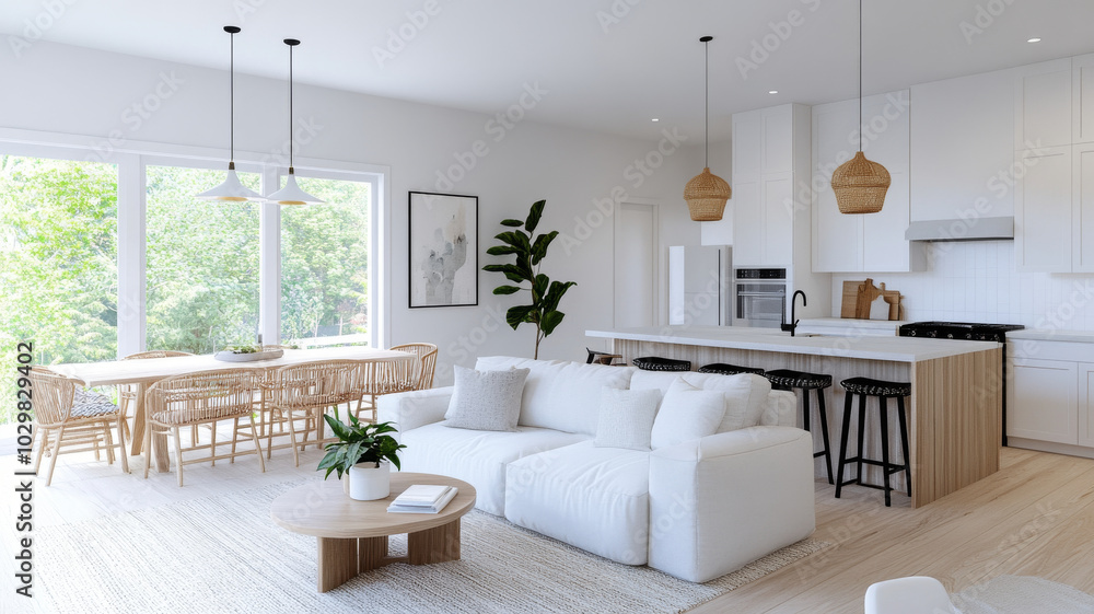 Sticker A modern and bright open concept living space featuring cozy white sofa, wooden dining table, and stylish kitchen. large windows invite natural light, creating warm atmosphere