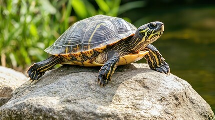 Obraz premium Basking Turtle on Rock by Water