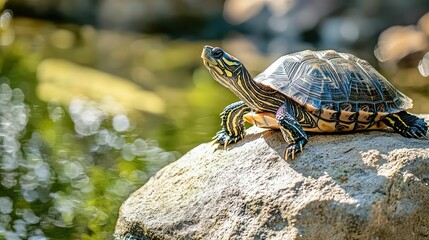 Obraz premium Turtle Basking on Rock by the Water