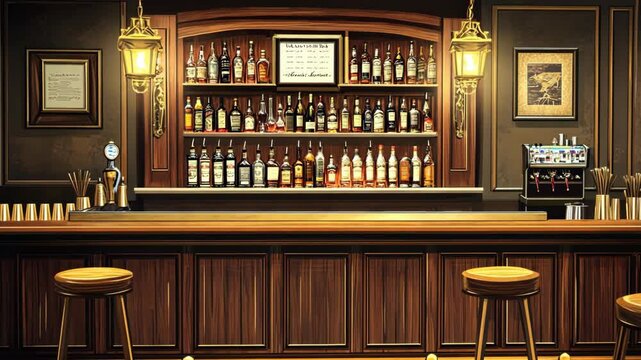 A classic wooden bar with an impressive selection of bottles and two stools, ready for patrons in the evening