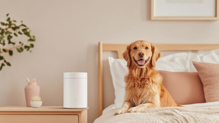 A happy golden retriever sits on cozy bed beside modern white air purifier, creating serene atmosphere in stylish bedroom. soft colors and natural elements enhance calming vibe