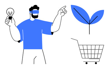 Person wearing VR headset holding a light bulb and pointing, with a green leaf and shopping cart nearby. Ideal for technology, innovation, sustainability, ecology, and shopping. Modern minimalist