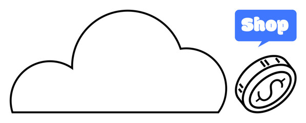 Cloud shape with coin and shop text in speech bubble appears in minimalistic style. Ideal for e-commerce, online shopping, cloud computing, digital marketing, and financial applications