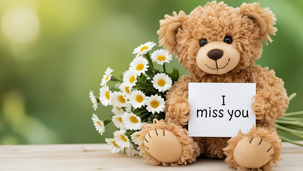 teddy bear with the message "I miss you" and flowers. I MISS YOU,  love, cute romance, couples card.,love background copy-space
