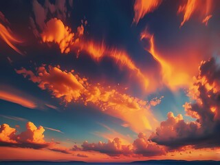 Naklejka premium A serene beach at sunset, with warm hues painting the horizon, gentle waves lapping the shore, and peaceful clouds above