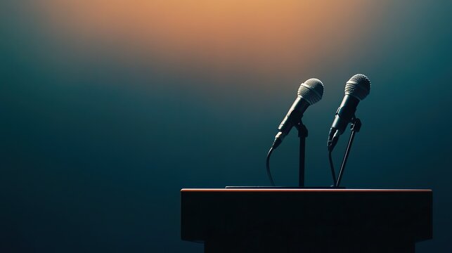 A simple wooden lectern with microphones against dark background with copy space