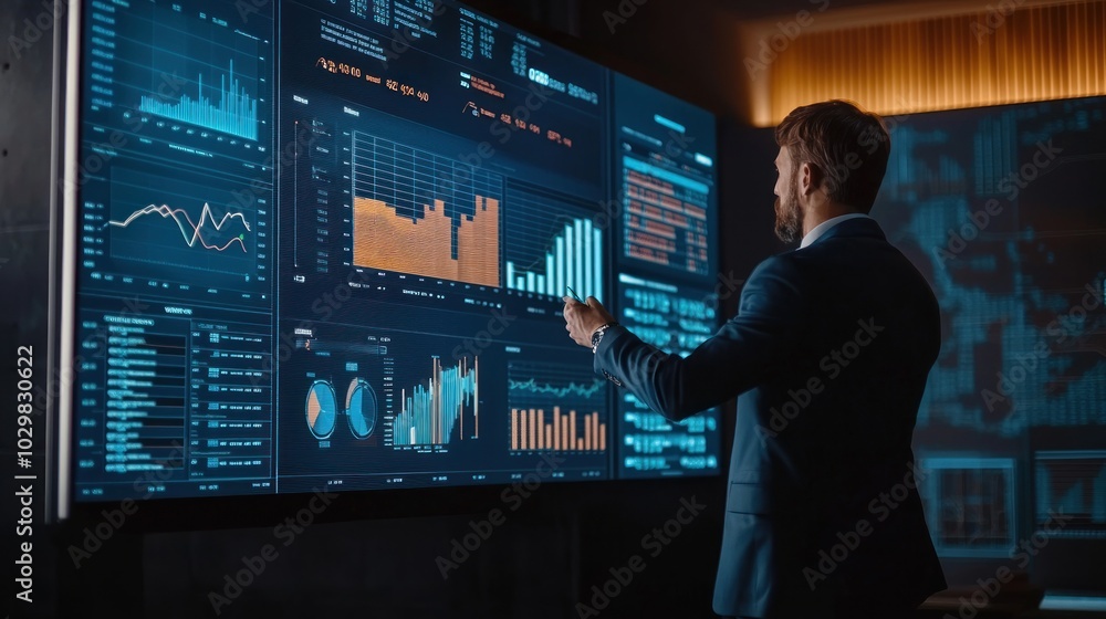 Poster a wealth manager presenting a digital platform to clients, showcasing financial data on a large scre