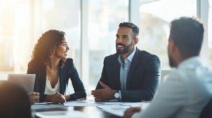 A wealth management advisor in a well-lit office, confidently presenting investment options to a couple.