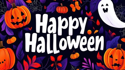 Happy Halloween Pumpkin Party! Spooky fun Halloween greeting card design with carved pumpkins, ghosts, autumn leaves, and cobwebs on a dark background. Perfect for banners, social media.