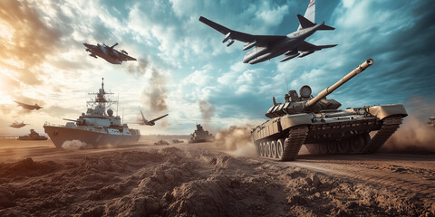 Illustrating a Multinational Military Exercise in Complex Terrain: A Realistic Scenario Featuring Diverse Military Equipment Including Tanks, Airplanes, and Warships.