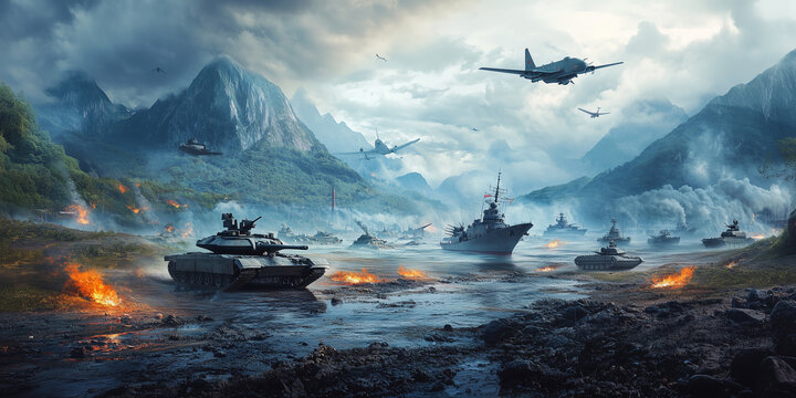 Illustrating a Multinational Military Exercise in Complex Terrain: A Realistic Scenario Featuring Diverse Military Equipment Including Tanks, Airplanes, and Warships.