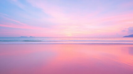 Obraz premium A beautiful beach with a pink and purple sky. The sky is filled with clouds and the sun is setting. The water is calm and the beach is empty