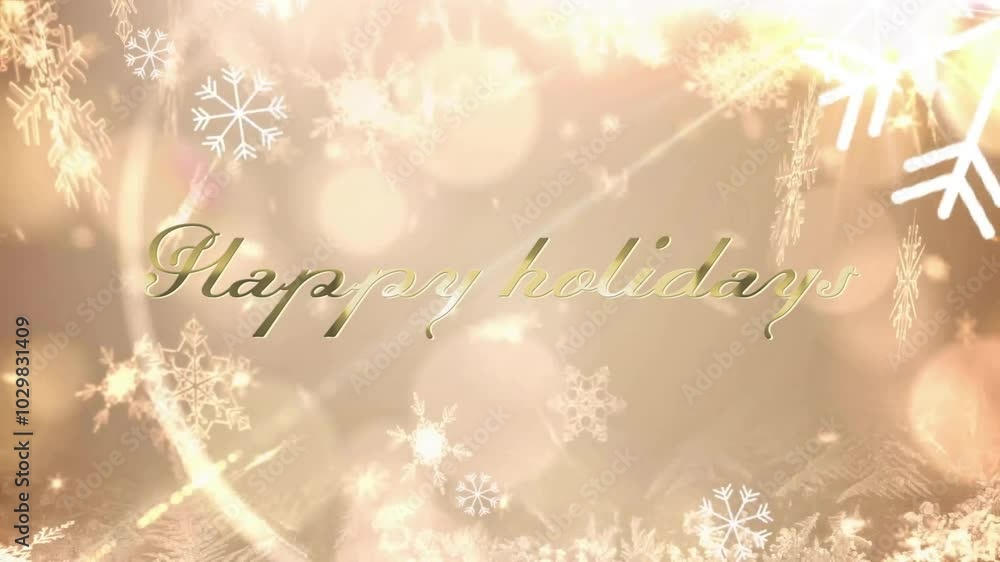 Poster happy holidays text animation over snowflakes and light bokeh background