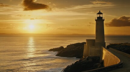A lighthouse stands tall on a rocky coast as the sun sets over the ocean. The golden light of the sunset illuminates the scene, casting long shadows.