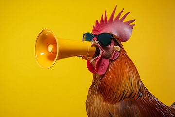 A rooster wearing sunglasses and shouting into a megaphone against a bright yellow background.