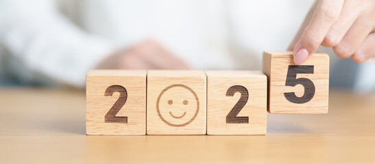 Happy New Year 2025 with Smile block. Satisfaction, feedback, Review, mental health, eco sustainable and good concept