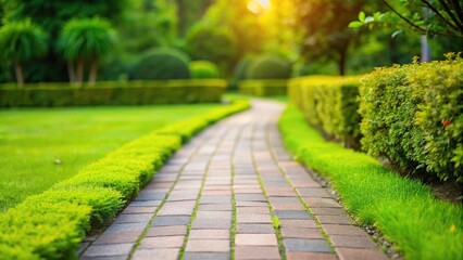 Scenic paved pathway with blurred green lawn and bushes reflected in the background
