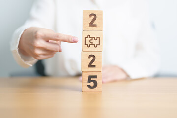 2025 block with jigsaw puzzle icon. Business Process, Team, teamwork, Goal, mission, Resolution,...