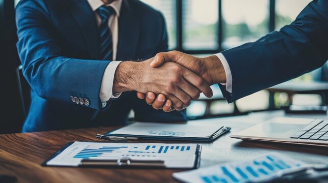 A satisfied client shaking hands with a wealth manager after a successful investment meeting.
