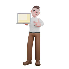 3D Model of Cartoon Sociologist. A male sociologist stands holding a laptop in his left hand and points at the laptop with his right hand. Community Studies Expert