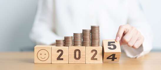 2024 end year to Happy New Year 2025 with Coins stack and Smile icon. goal, Money, Budget, investment, financial, savings, New Year Resolution, Satisfaction, feedback, Review and good year concept