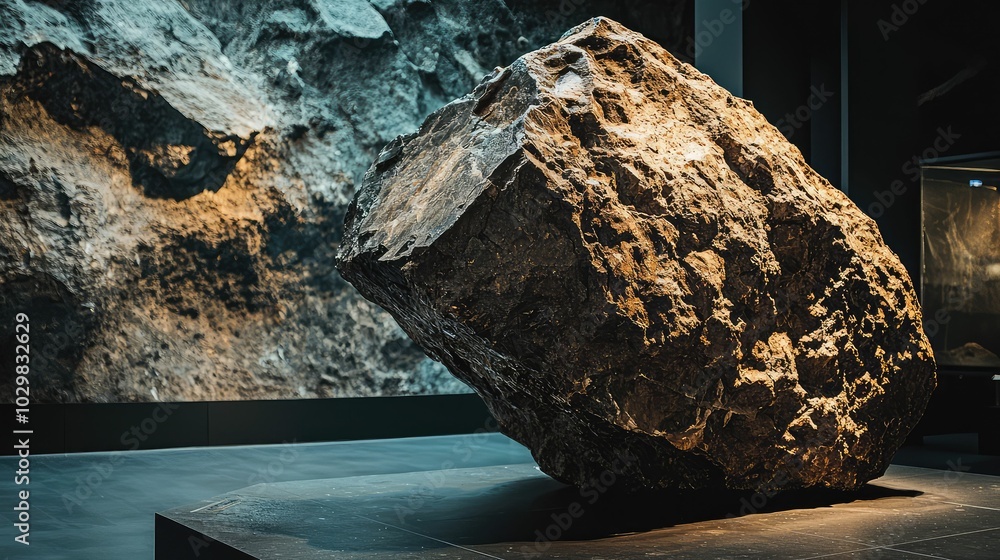 Poster large meteorite on display in museum setting