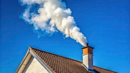 Tall chimney emitting white smoke against blue sky