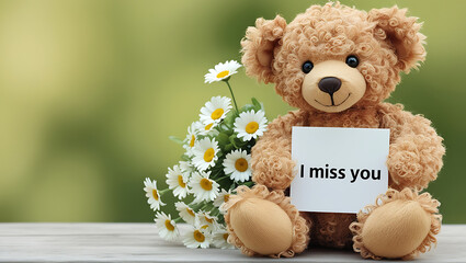 teddy bear with the message "I miss you" and flowers. I MISS YOU,  love, cute romance, couples card.,love background copy-space