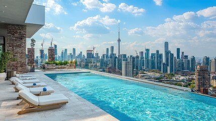 Naklejka premium Luxury Rooftop Pool with City Skyline View