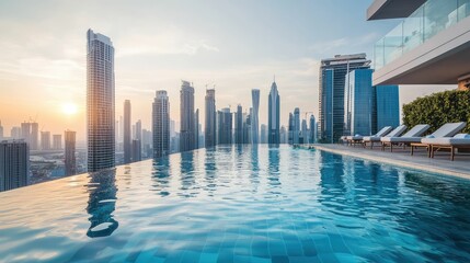 Fototapeta premium Luxury Rooftop Pool with Skyline View at Sunset