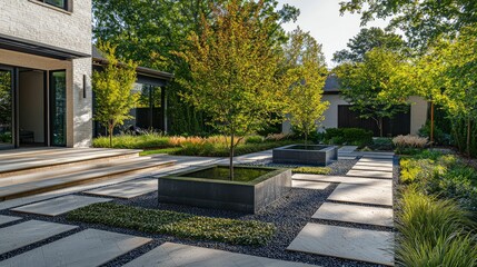 Fototapeta premium Modern Courtyard Design with Lush Greenery and Pathways