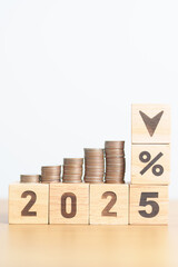 2025 New year with percentage change to UP and Down arrow with coin stack. Interest rate, GDP, stocks market, financial, deflation and Inflation, mortgage, debt, Loan and Economic Recession