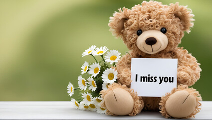 teddy bear with the message "I miss you" and flowers. I MISS YOU,  love, cute romance, couples card.,love background copy-space