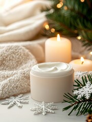 Cozy winter skincare setup with cream and festive decor